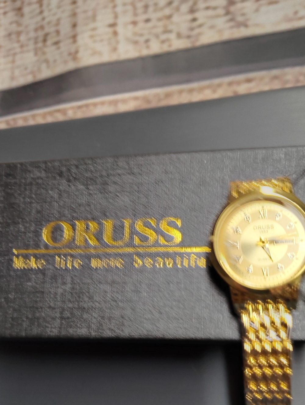 Russ Men's Gold-Tone Dress Watch with Crystal Markers